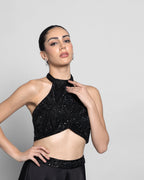 EBONY HALTER NECK EMBELLISHED TOP WITH PALAZZO