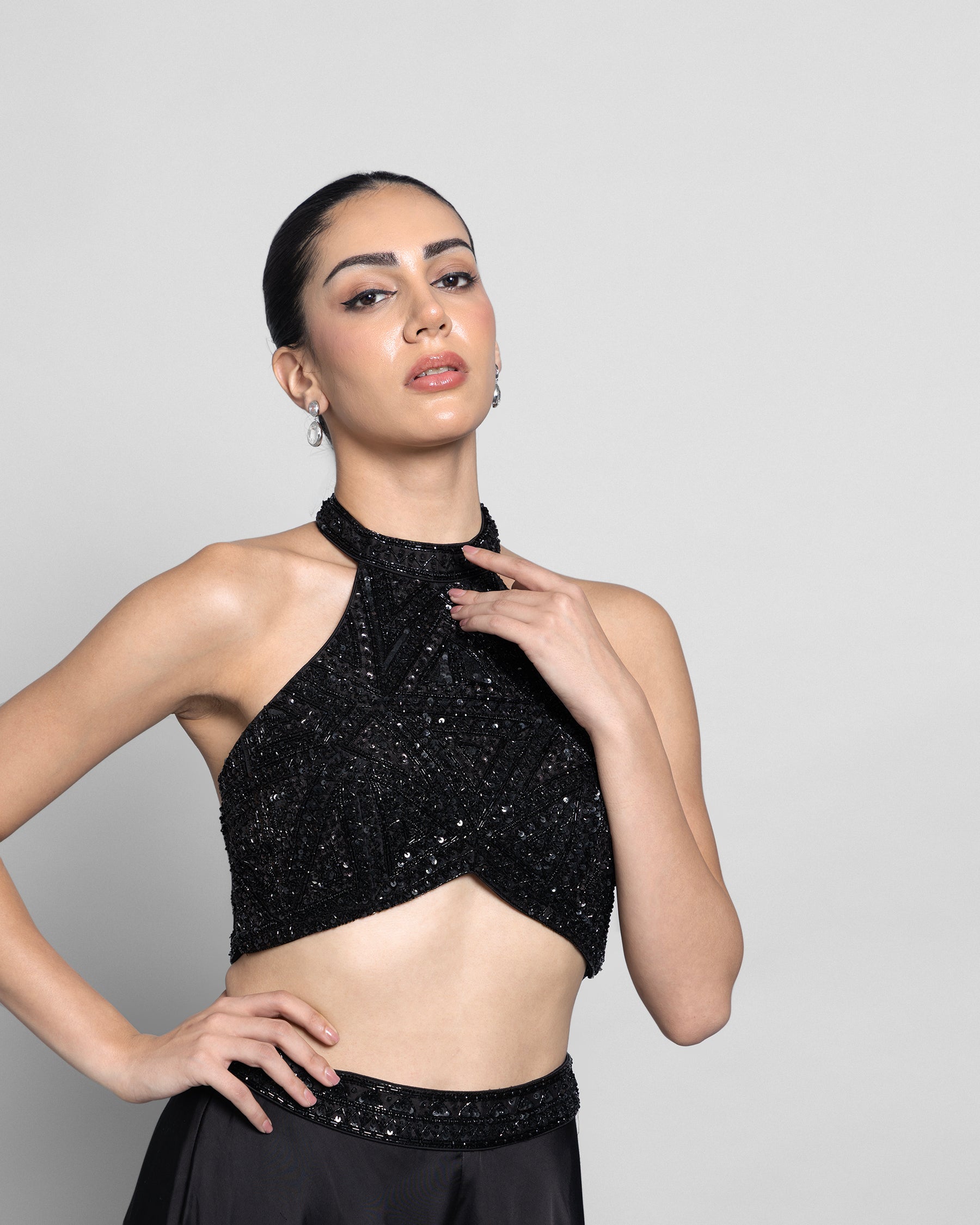 EBONY HALTER NECK EMBELLISHED TOP WITH PALAZZO
