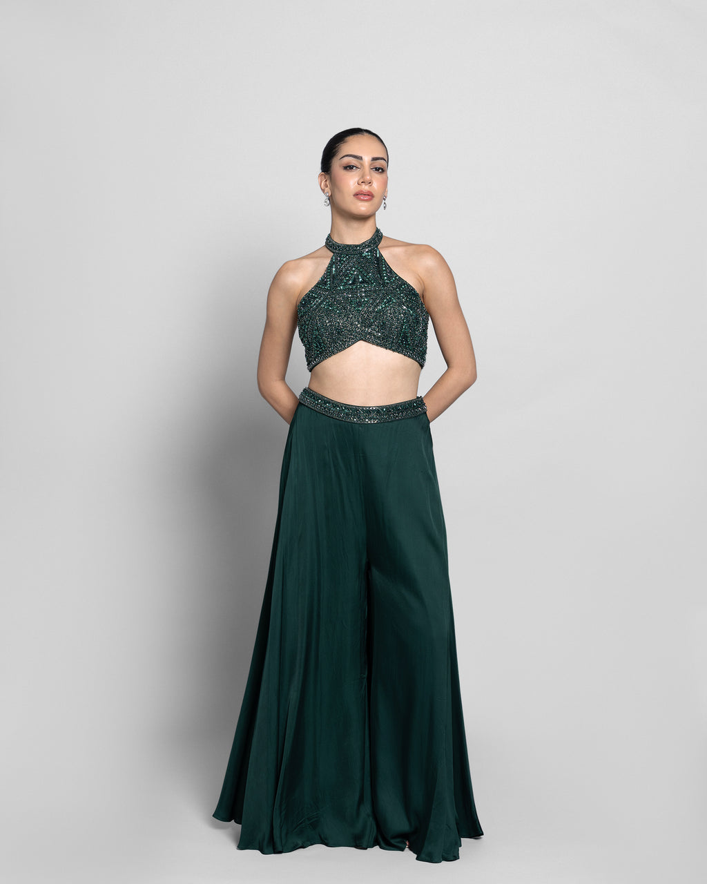BOTTLE GREEN HALTER NECK EMBELLISHED TOP WITH PALAZZO
