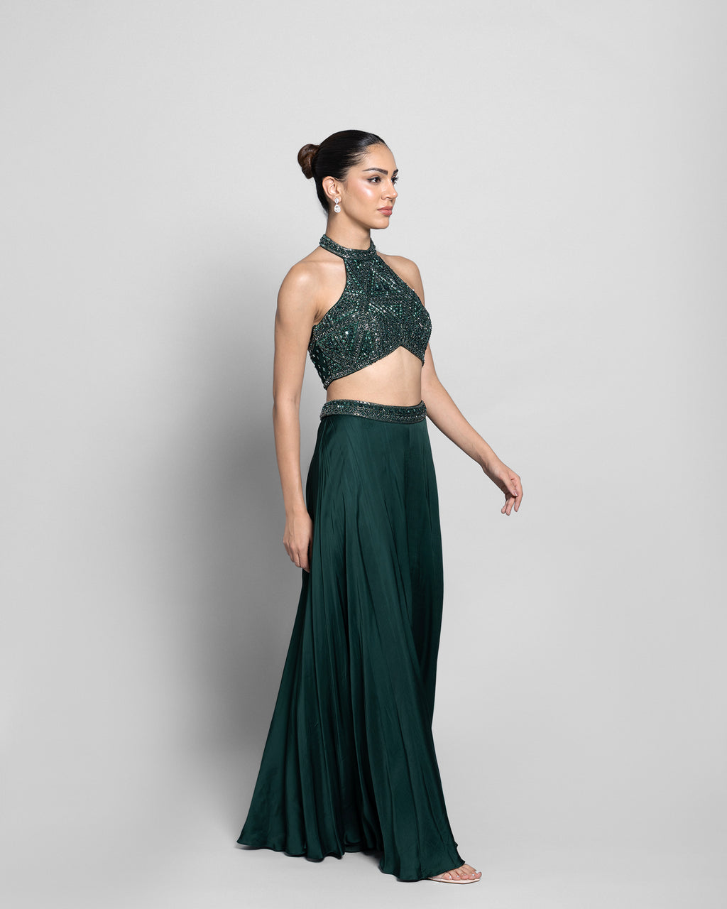 BOTTLE GREEN HALTER NECK EMBELLISHED TOP WITH PALAZZO