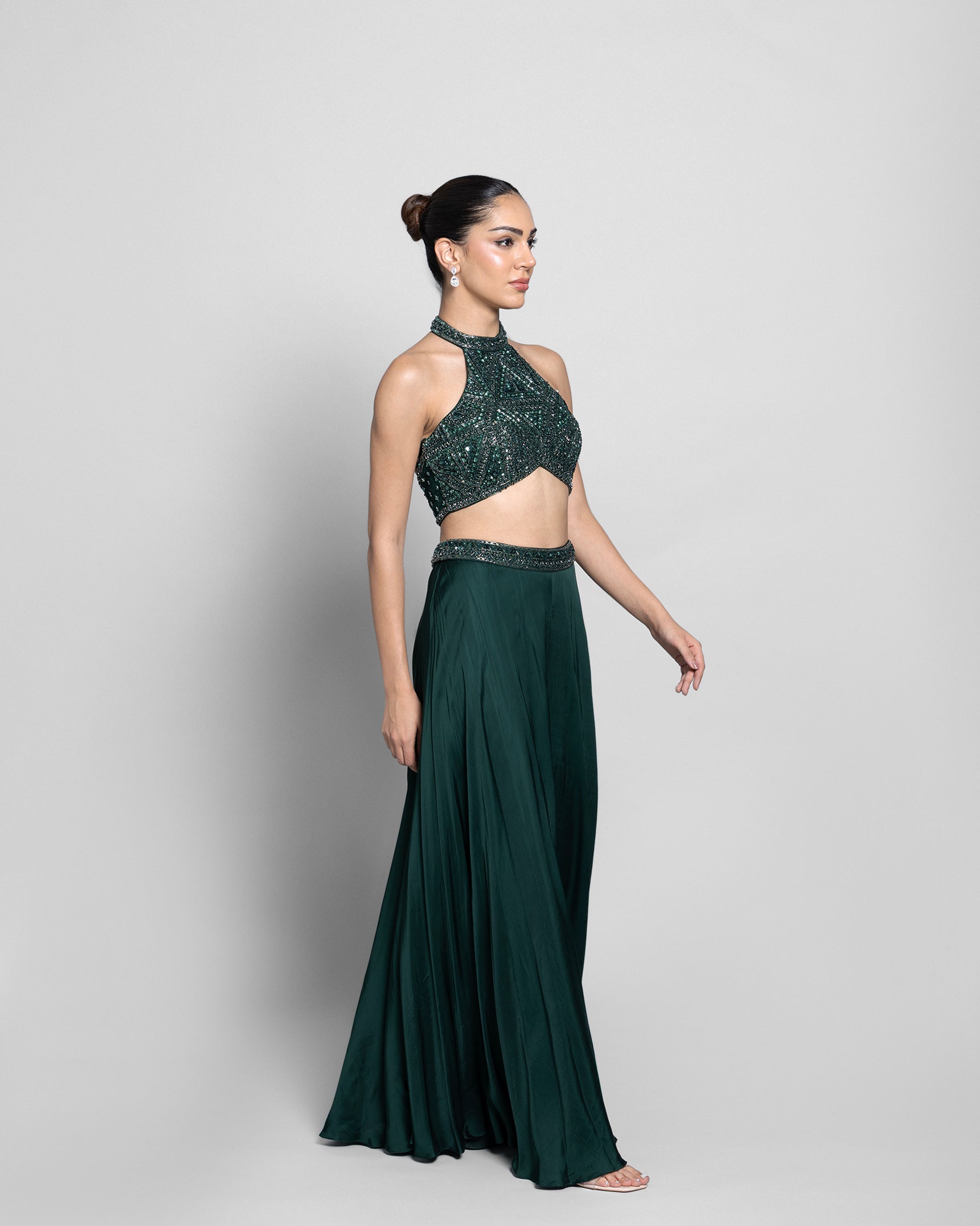 BOTTLE GREEN HALTER NECK EMBELLISHED TOP WITH PALAZZO