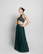 BOTTLE GREEN HALTER NECK EMBELLISHED TOP WITH PALAZZO