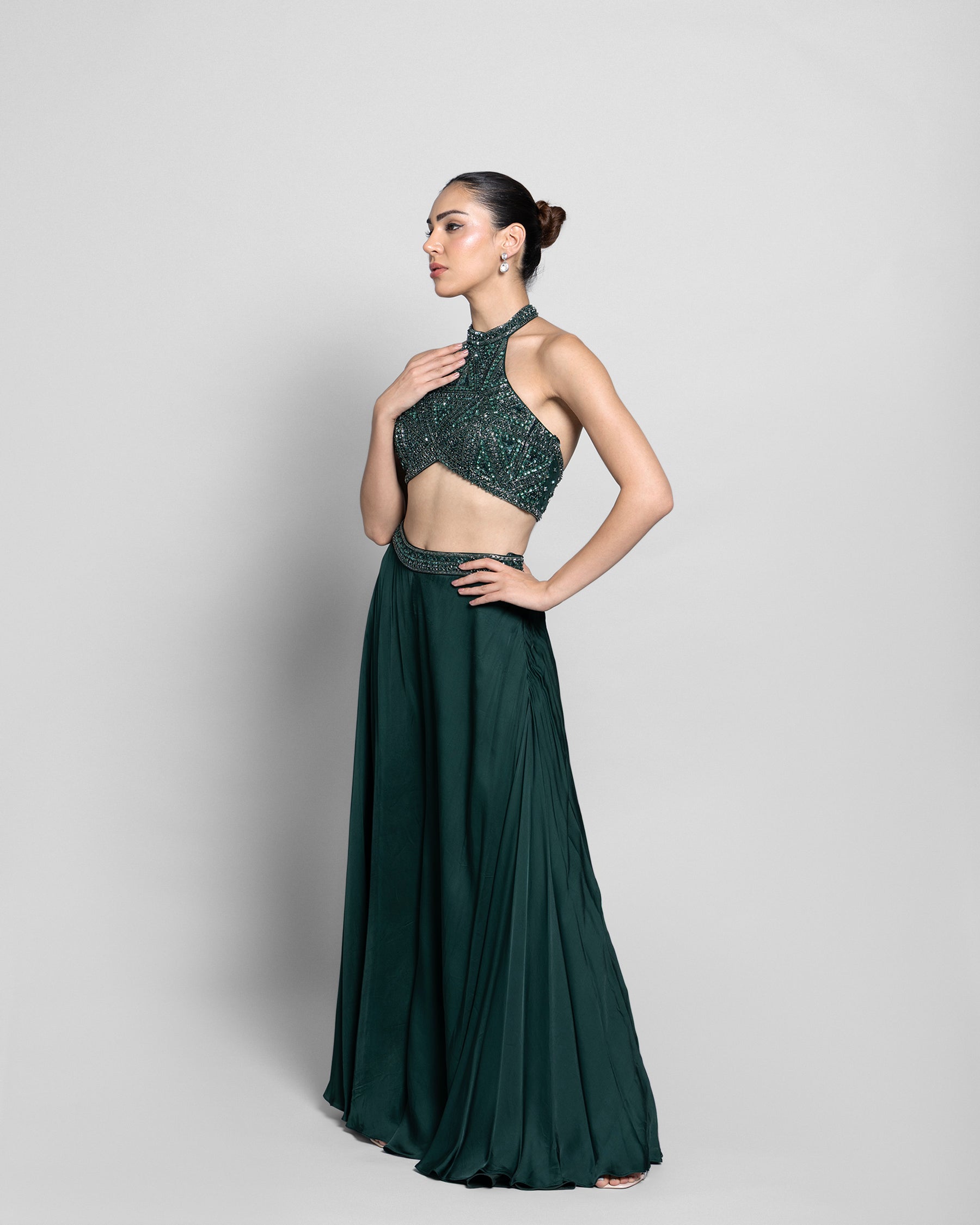 BOTTLE GREEN HALTER NECK EMBELLISHED TOP WITH PALAZZO