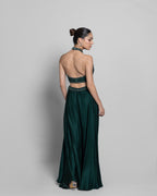 BOTTLE GREEN HALTER NECK EMBELLISHED TOP WITH PALAZZO
