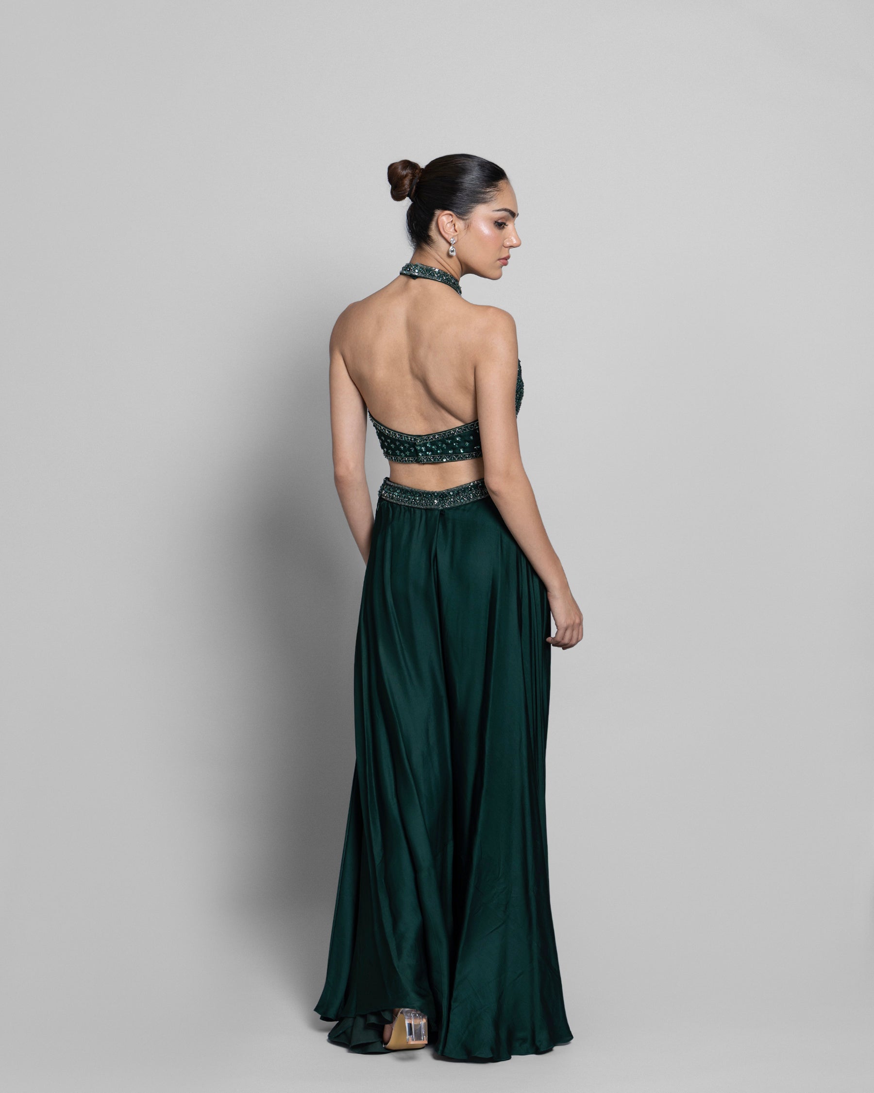 BOTTLE GREEN HALTER NECK EMBELLISHED TOP WITH PALAZZO