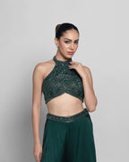 BOTTLE GREEN HALTER NECK EMBELLISHED TOP WITH PALAZZO