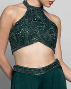BOTTLE GREEN HALTER NECK EMBELLISHED TOP WITH PALAZZO
