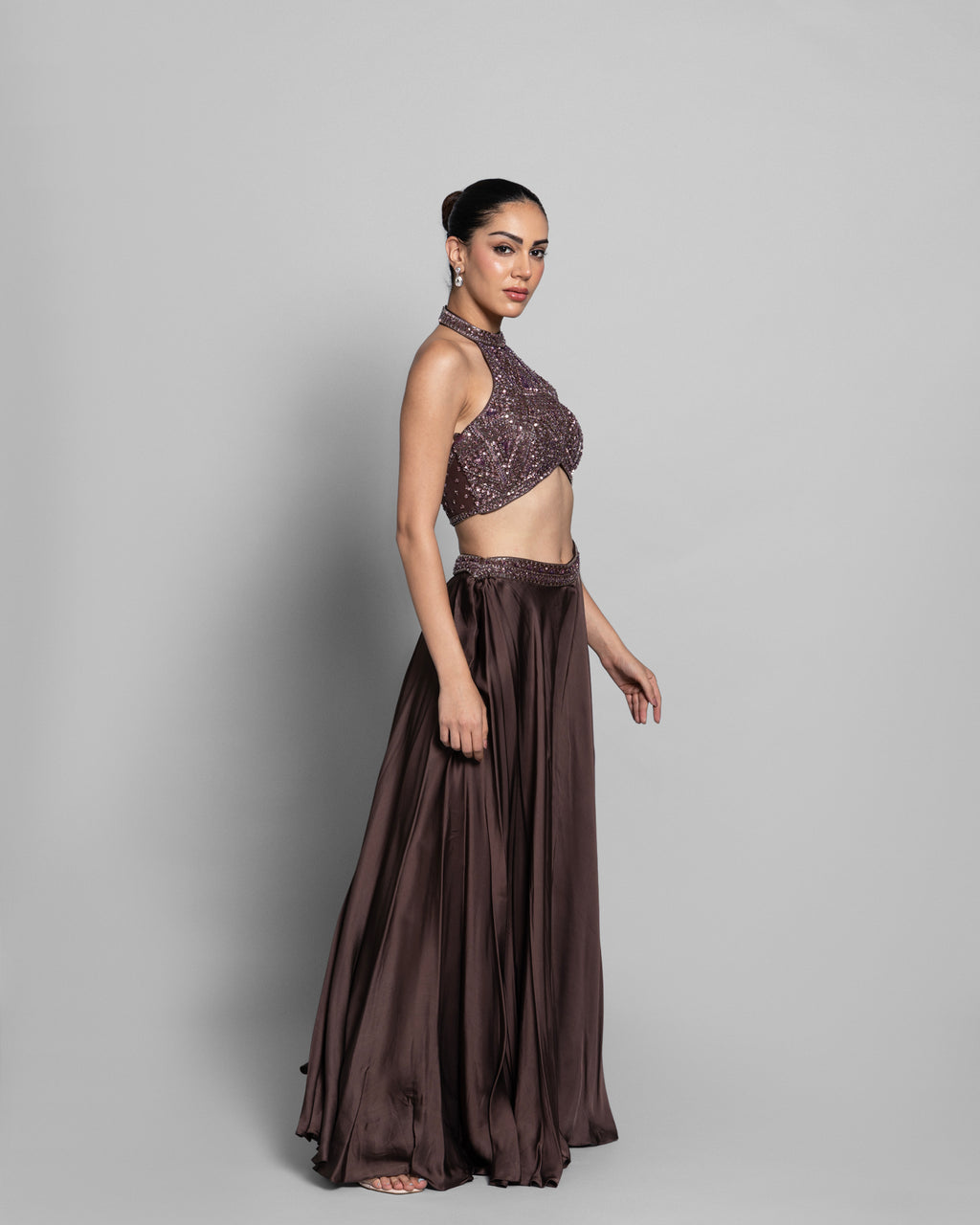 MOCHA HALTER NECK EMBELLISHED TOP WITH PALAZZO