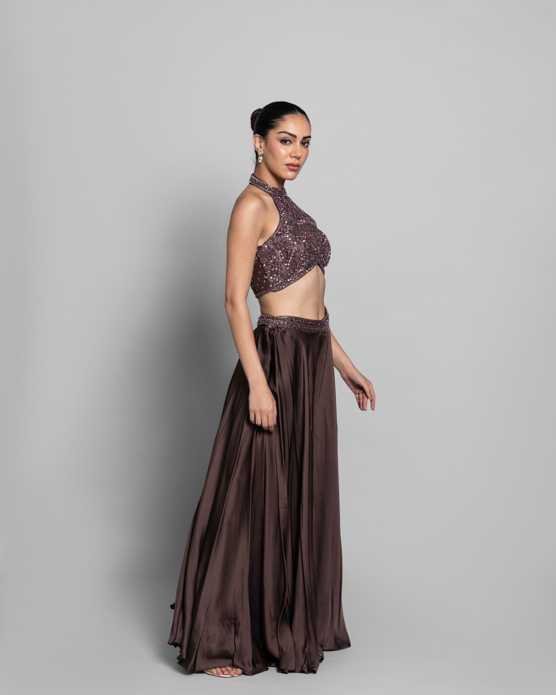 MOCHA HALTER NECK EMBELLISHED TOP WITH PALAZZO