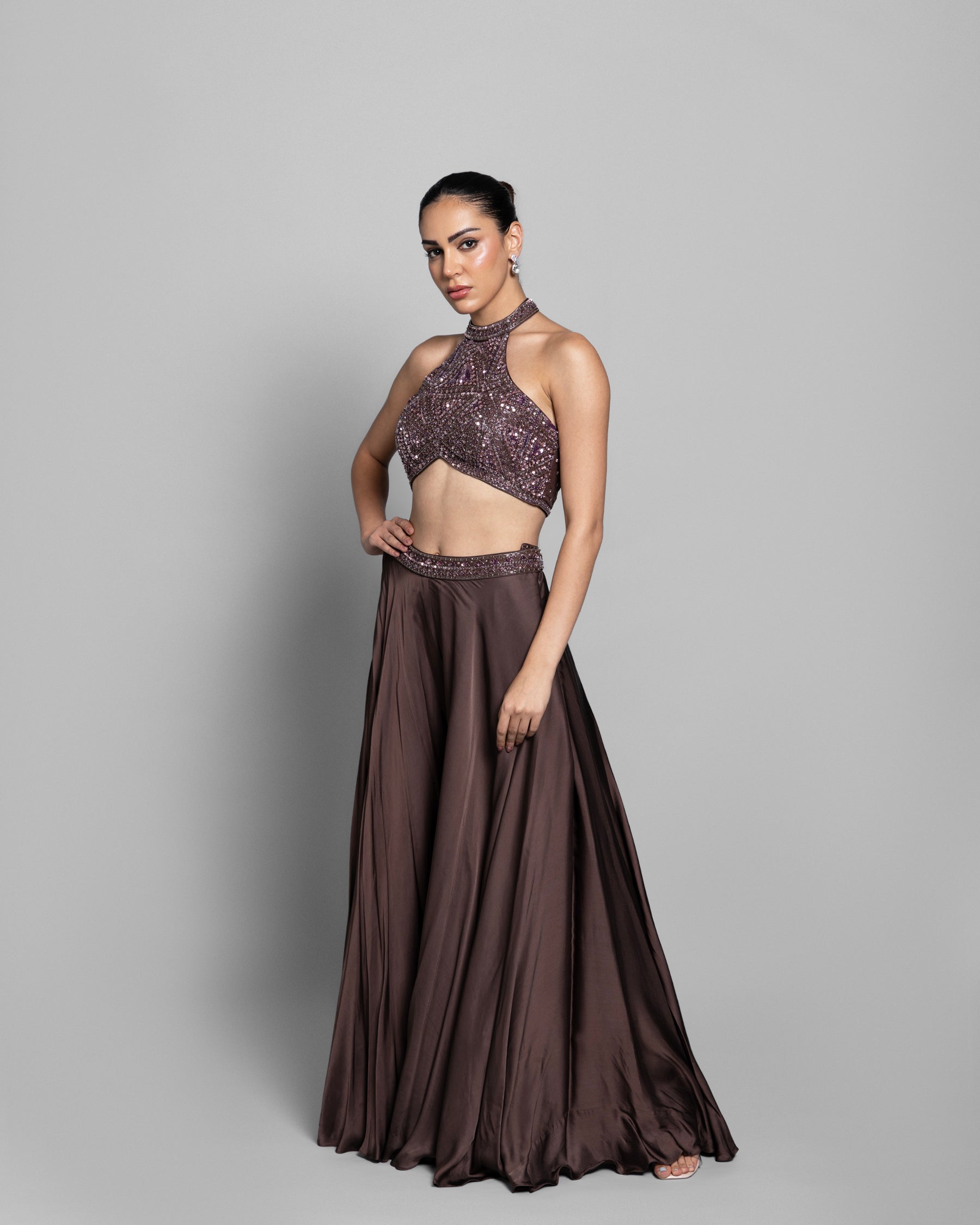 MOCHA HALTER NECK EMBELLISHED TOP WITH PALAZZO
