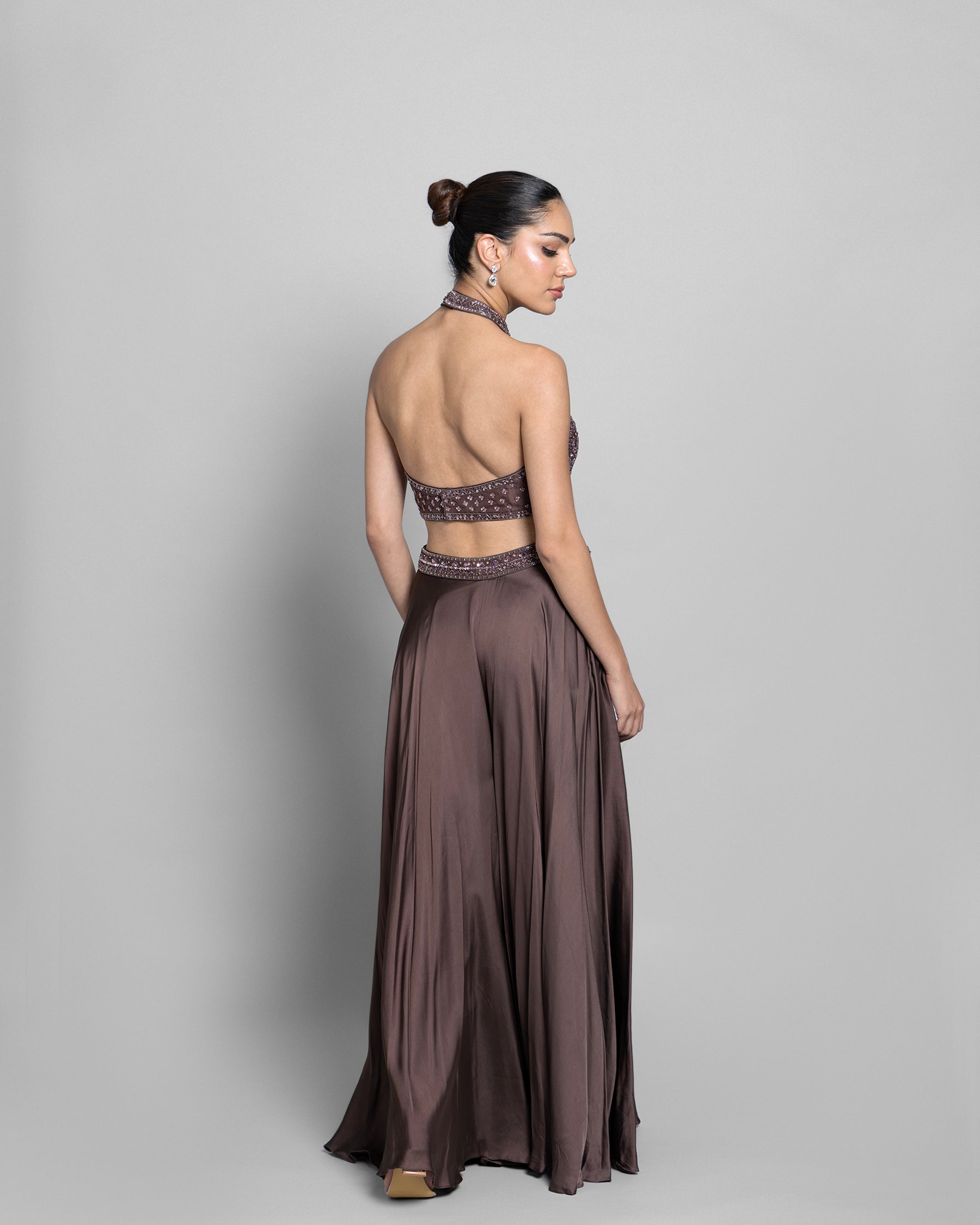 MOCHA HALTER NECK EMBELLISHED TOP WITH PALAZZO