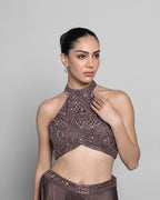 MOCHA HALTER NECK EMBELLISHED TOP WITH PALAZZO