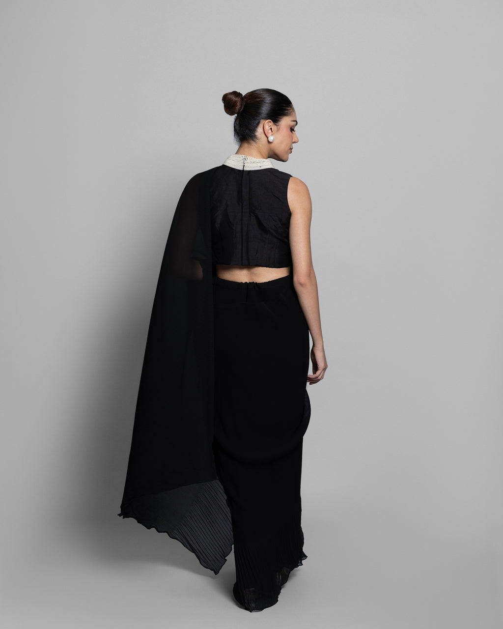 JET BLACK CRUSHED GEORGETTE PRE-DRAPED SAREE