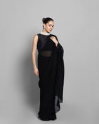 JET BLACK CRUSHED GEORGETTE PRE-DRAPED SAREE
