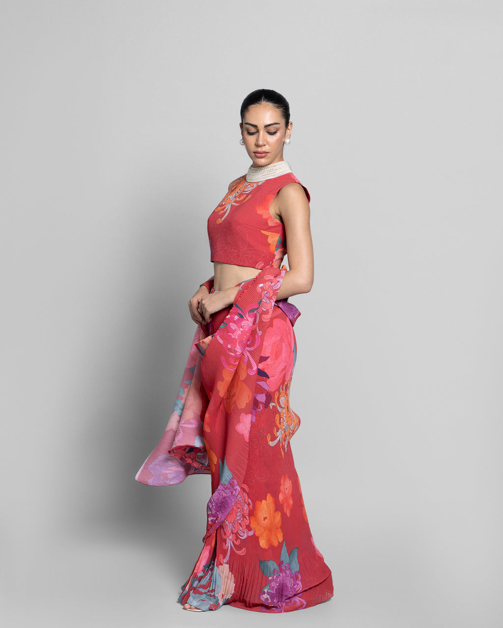 FLORAL CRUSHED GEORGETTE PRE-DRAPED SAREE
