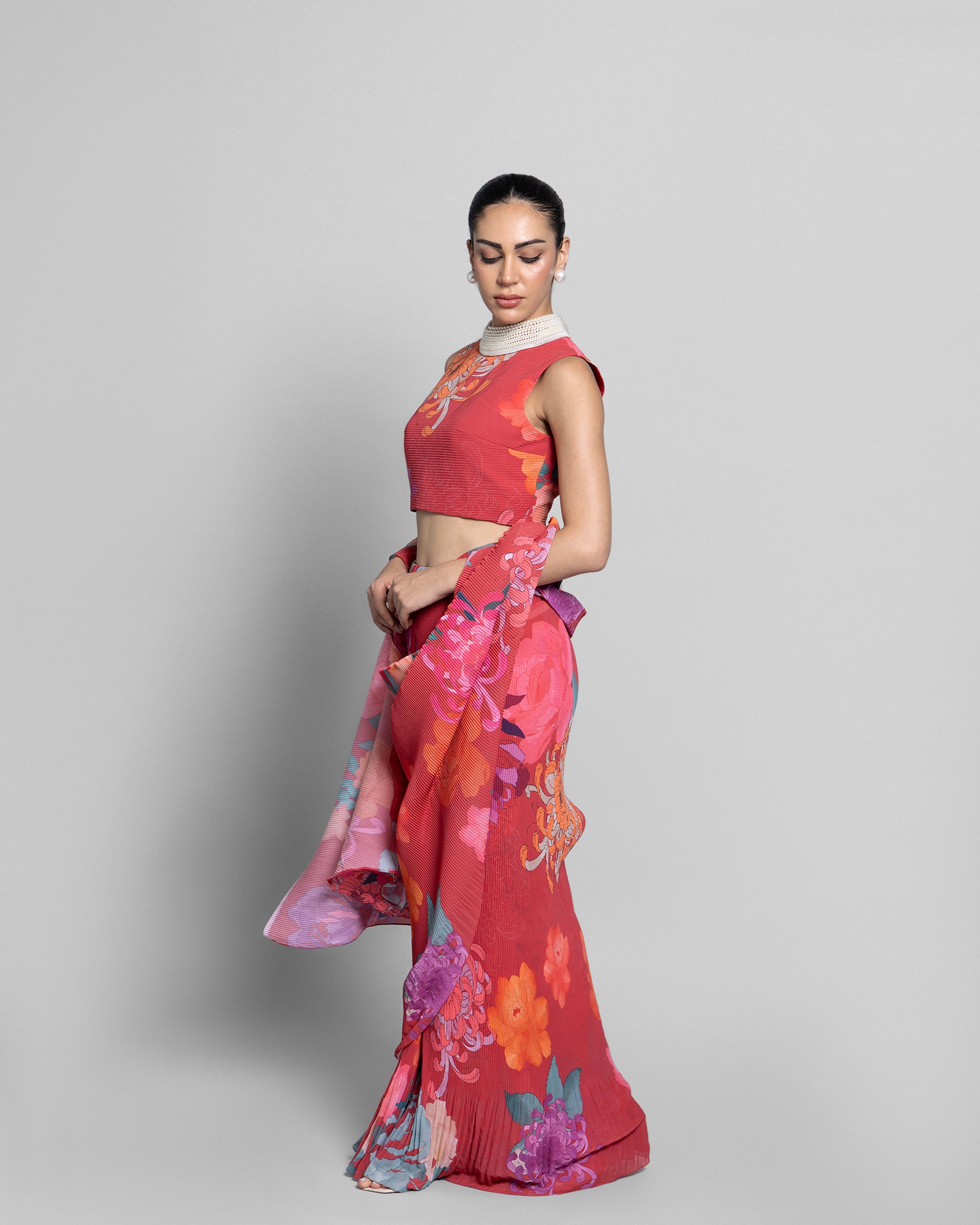 FLORAL CRUSHED GEORGETTE PRE-DRAPED SAREE