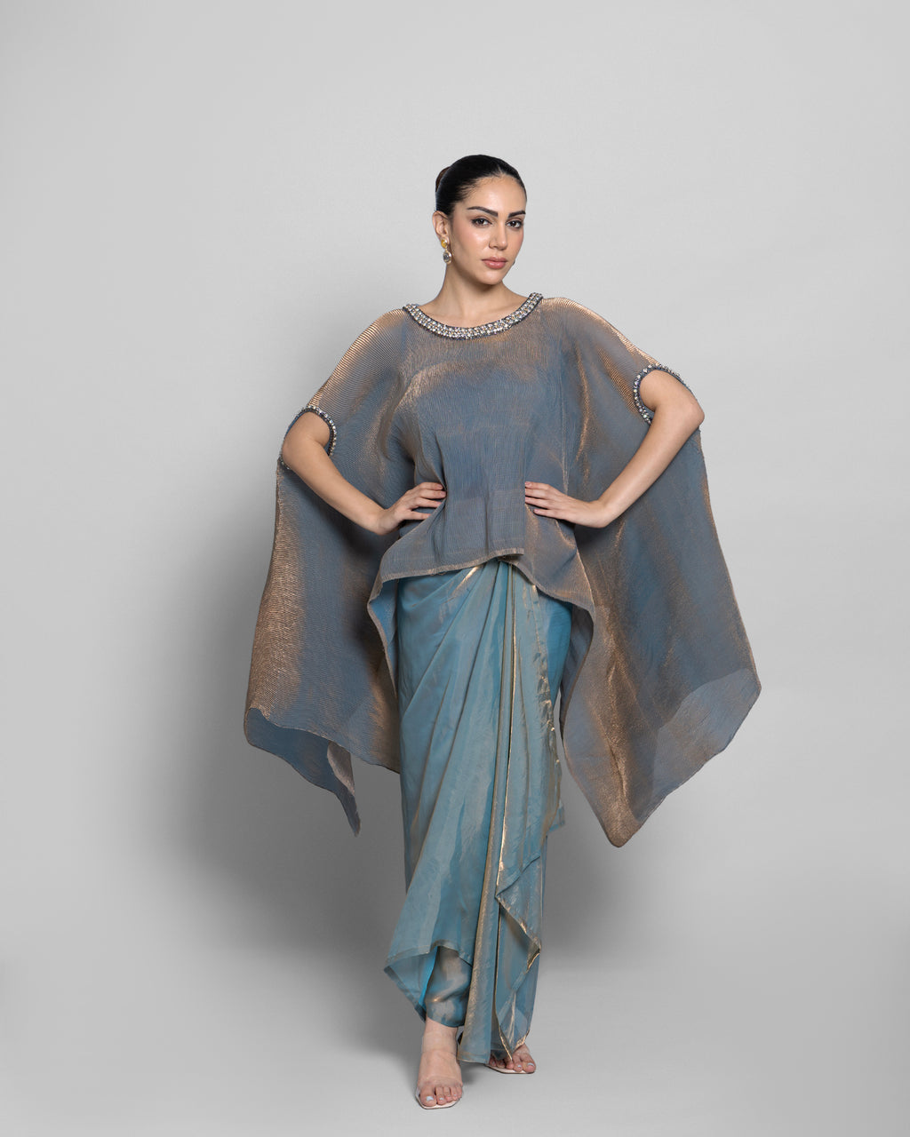 CRUSHED TISSUE-ORGANZA HIGH-LOW KAFTAN ENSEMBLE