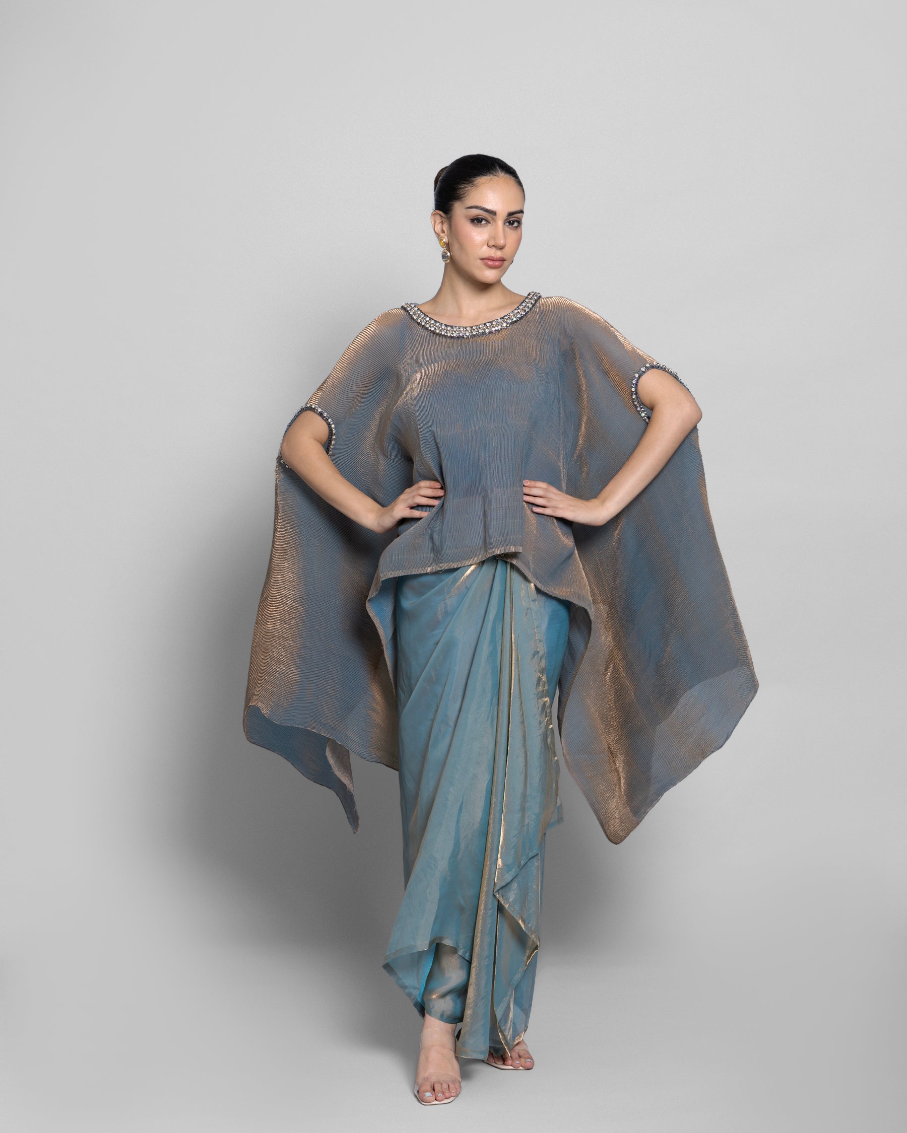 CRUSHED TISSUE-ORGANZA HIGH-LOW KAFTAN ENSEMBLE
