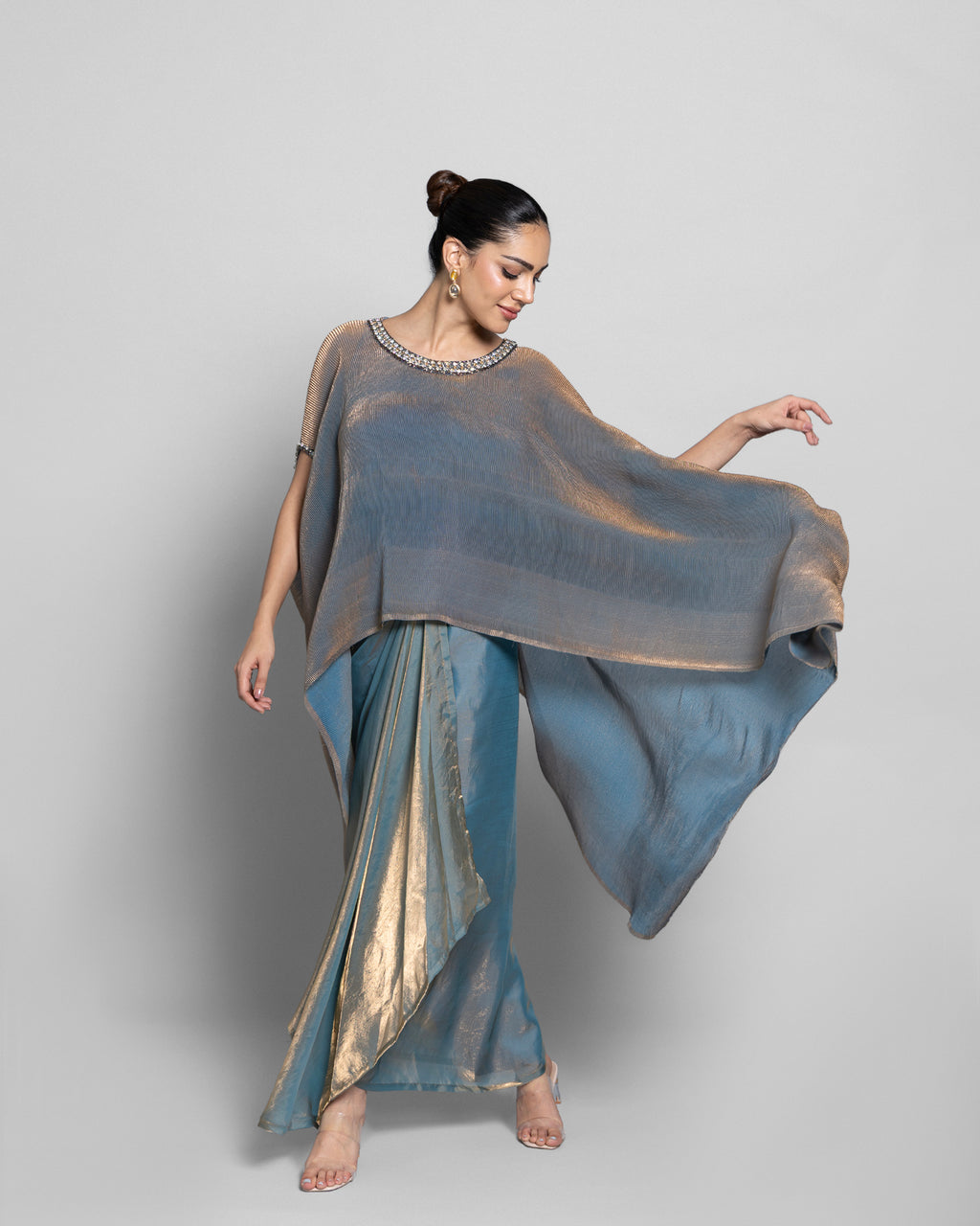 CRUSHED TISSUE-ORGANZA HIGH-LOW KAFTAN ENSEMBLE