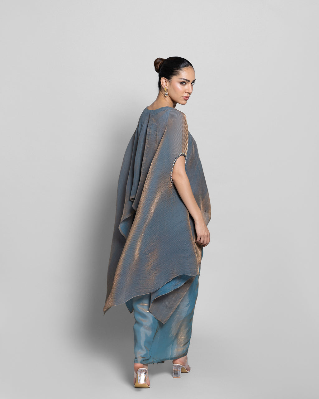 CRUSHED TISSUE-ORGANZA HIGH-LOW KAFTAN ENSEMBLE