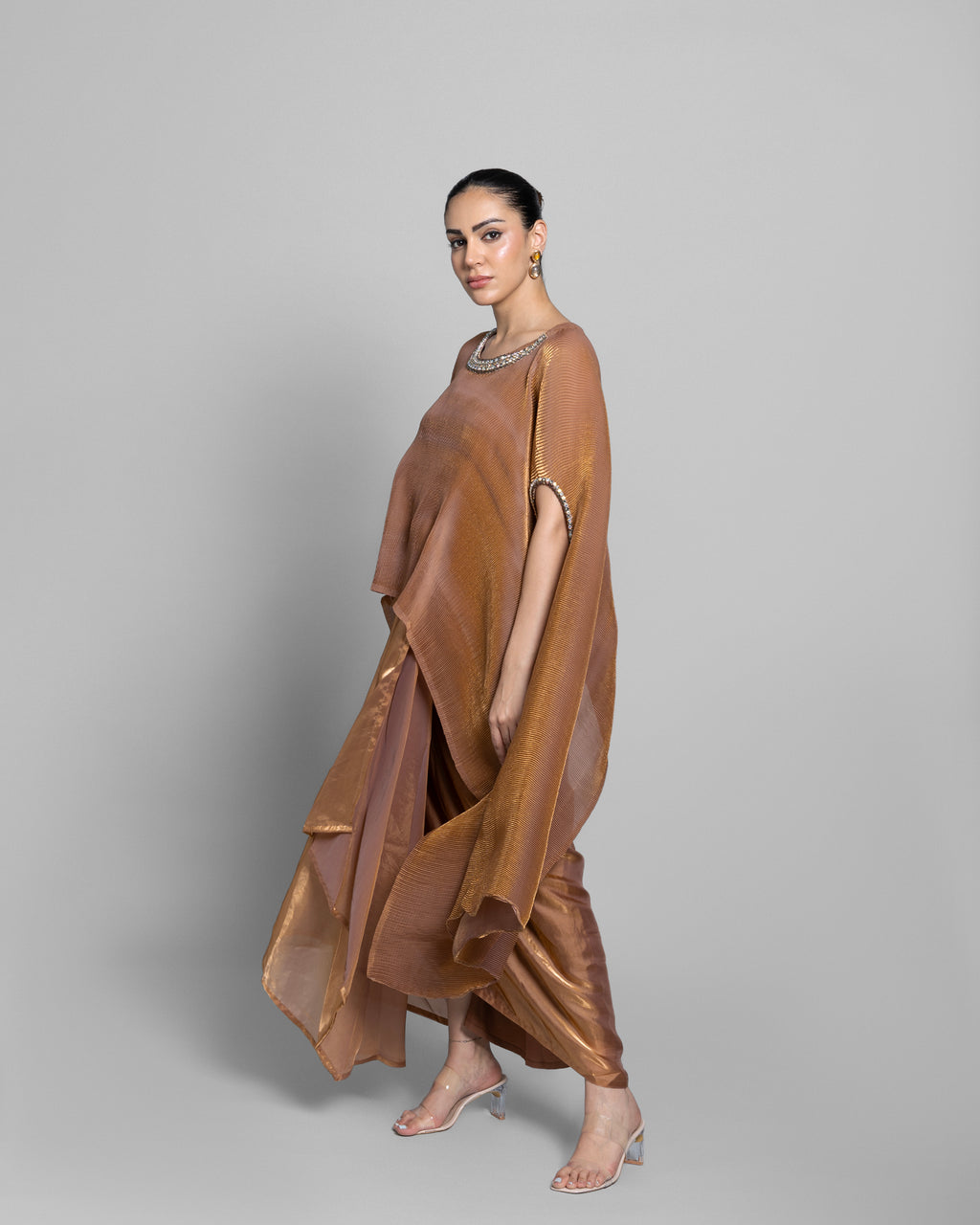 CRUSHED TISSUE-ORGANZA HIGH-LOW KAFTAN ENSEMBLE