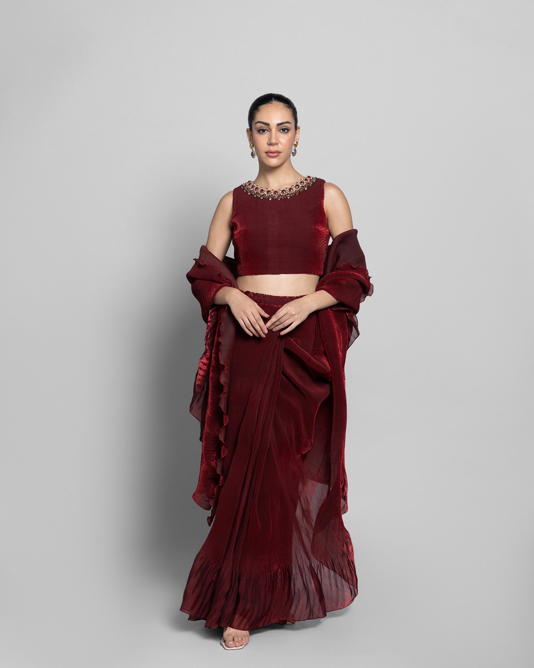 VINTAGE RED CRUSHED TISSUE-ORGANZA PRE-DRAPED SAREE