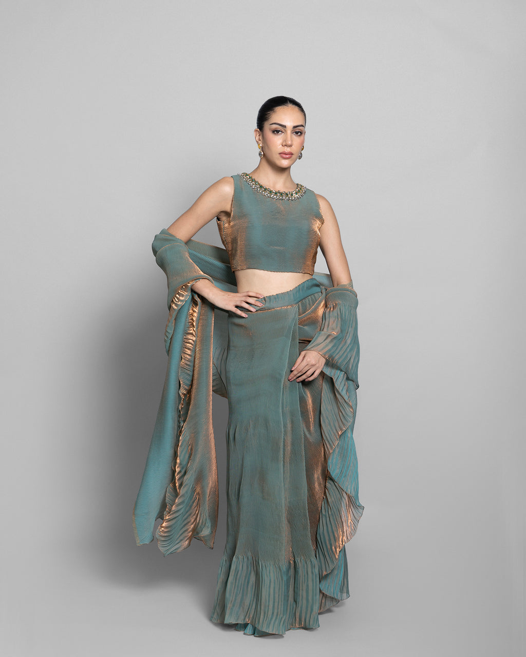 ANTIQUE AQUA CRUSHED TISSUE-ORGANZA PRE-DRAPED SAREE
