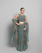 ANTIQUE AQUA CRUSHED TISSUE-ORGANZA PRE-DRAPED SAREE