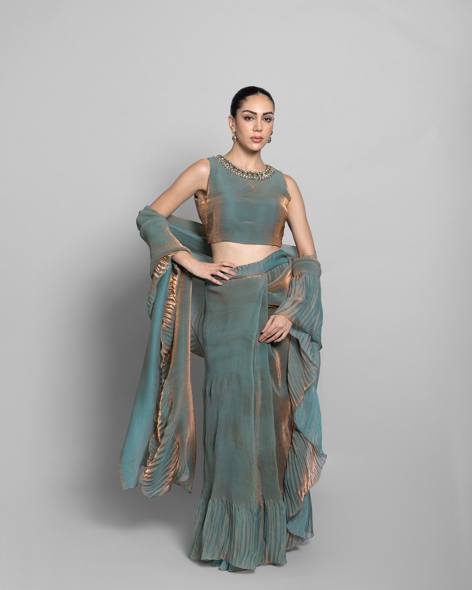 ANTIQUE AQUA CRUSHED TISSUE-ORGANZA PRE-DRAPED SAREE