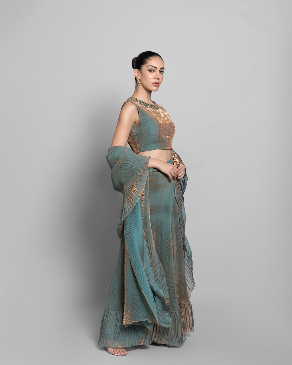 ANTIQUE AQUA CRUSHED TISSUE-ORGANZA PRE-DRAPED SAREE