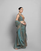 ANTIQUE AQUA CRUSHED TISSUE-ORGANZA PRE-DRAPED SAREE
