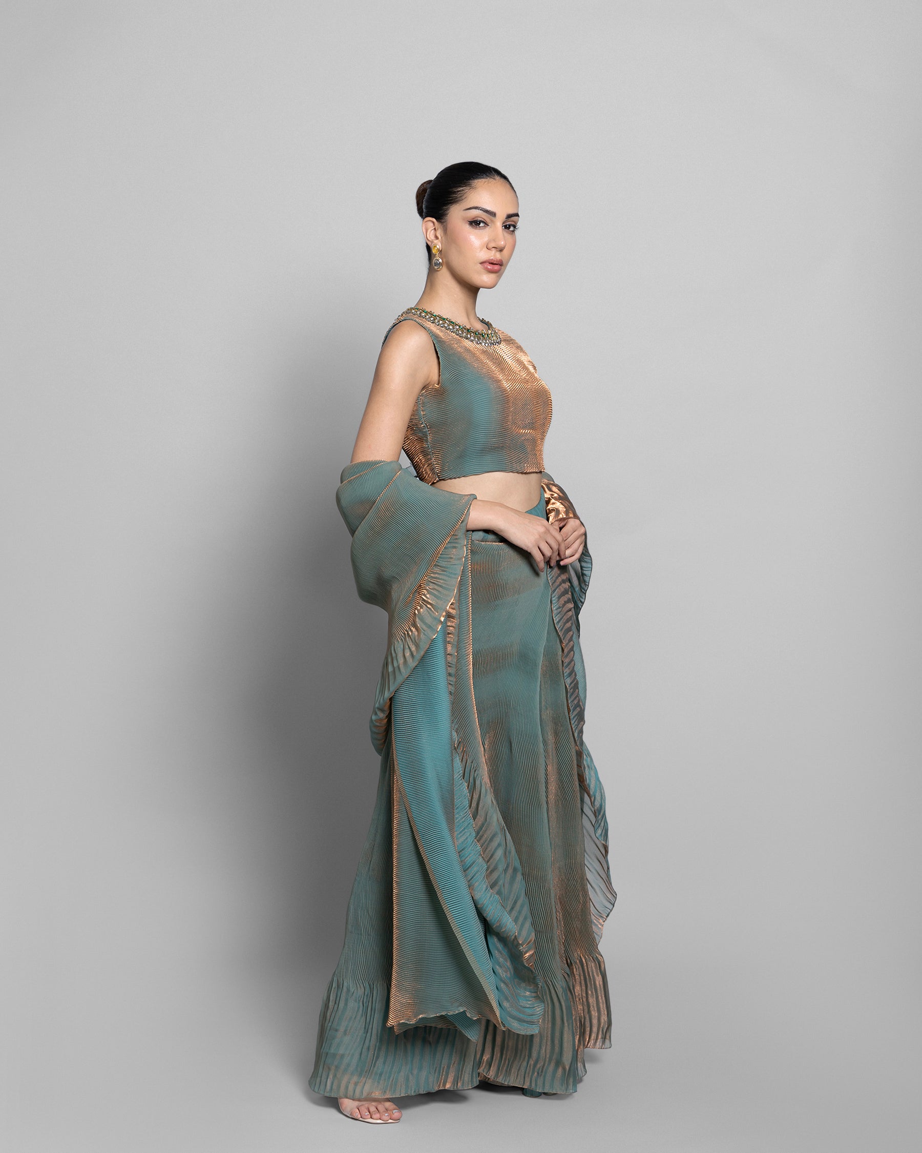 ANTIQUE AQUA CRUSHED TISSUE-ORGANZA PRE-DRAPED SAREE