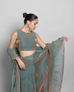 ANTIQUE AQUA CRUSHED TISSUE-ORGANZA PRE-DRAPED SAREE