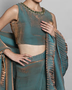 ANTIQUE AQUA CRUSHED TISSUE-ORGANZA PRE-DRAPED SAREE