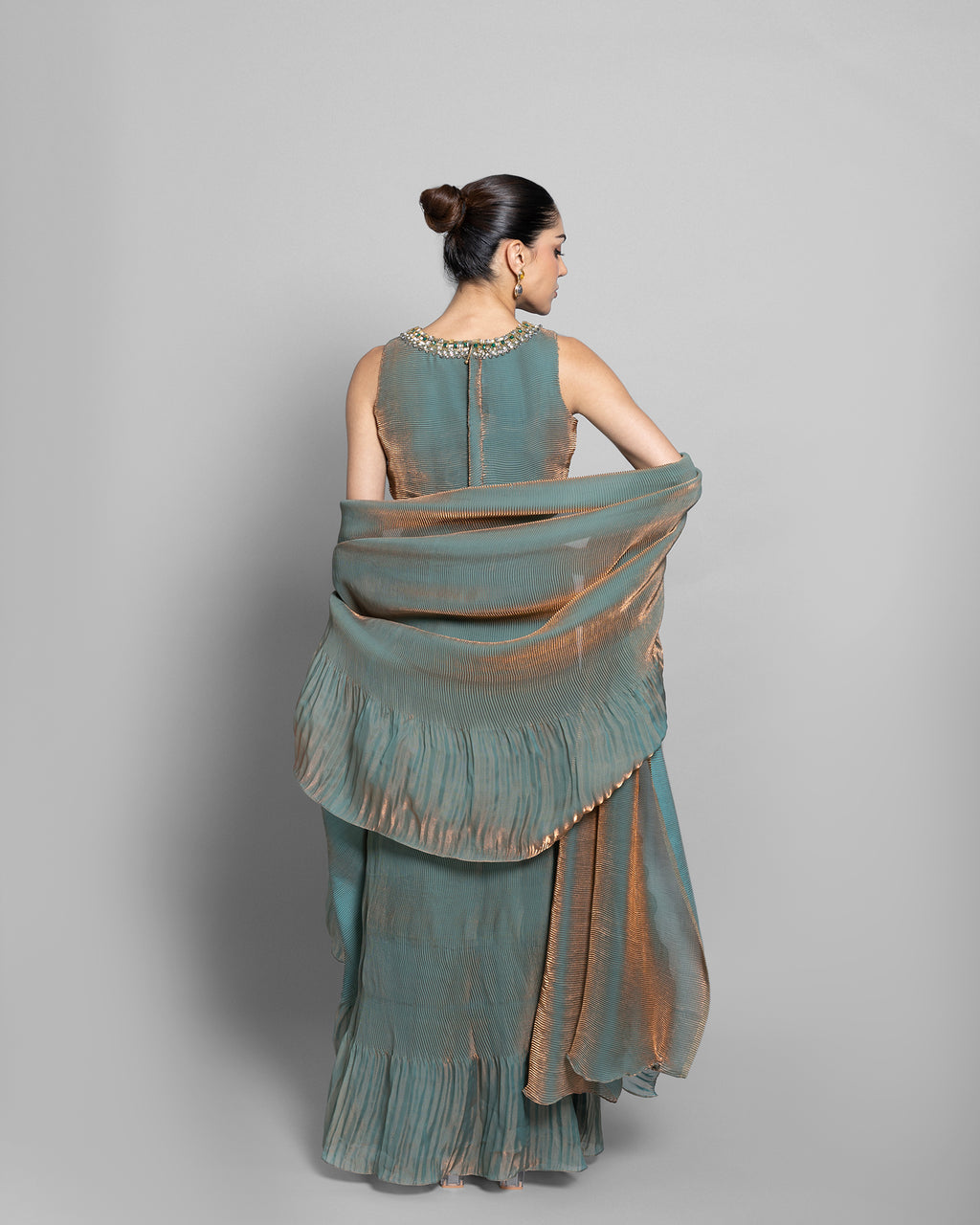 ANTIQUE AQUA CRUSHED TISSUE-ORGANZA PRE-DRAPED SAREE