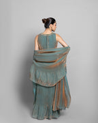 ANTIQUE AQUA CRUSHED TISSUE-ORGANZA PRE-DRAPED SAREE