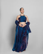 ROYAL BLUE CRUSHED TISSUE-ORGANZA PRE-DRAPED SAREE