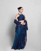 ROYAL BLUE CRUSHED TISSUE-ORGANZA PRE-DRAPED SAREE
