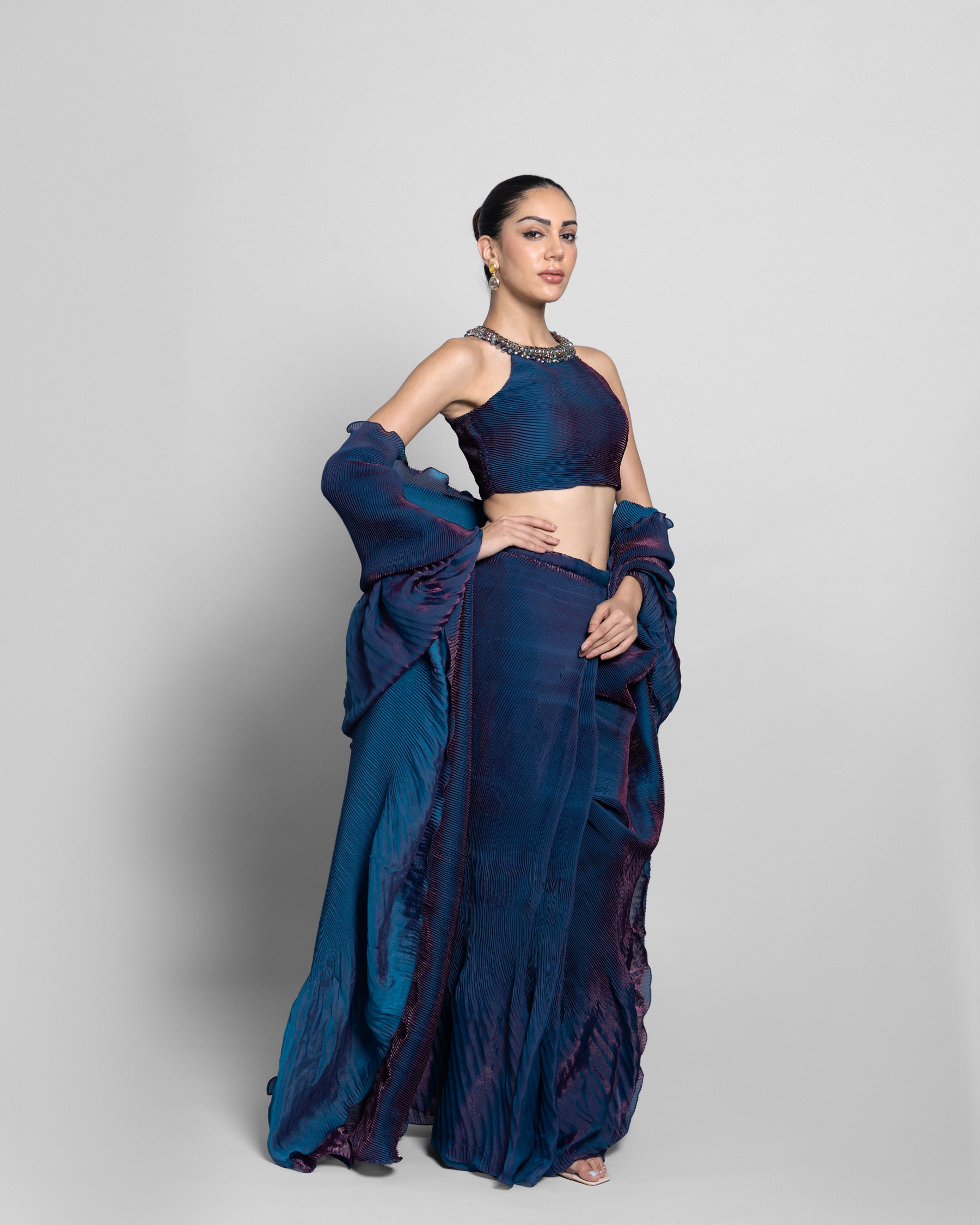 ROYAL BLUE CRUSHED TISSUE-ORGANZA PRE-DRAPED SAREE