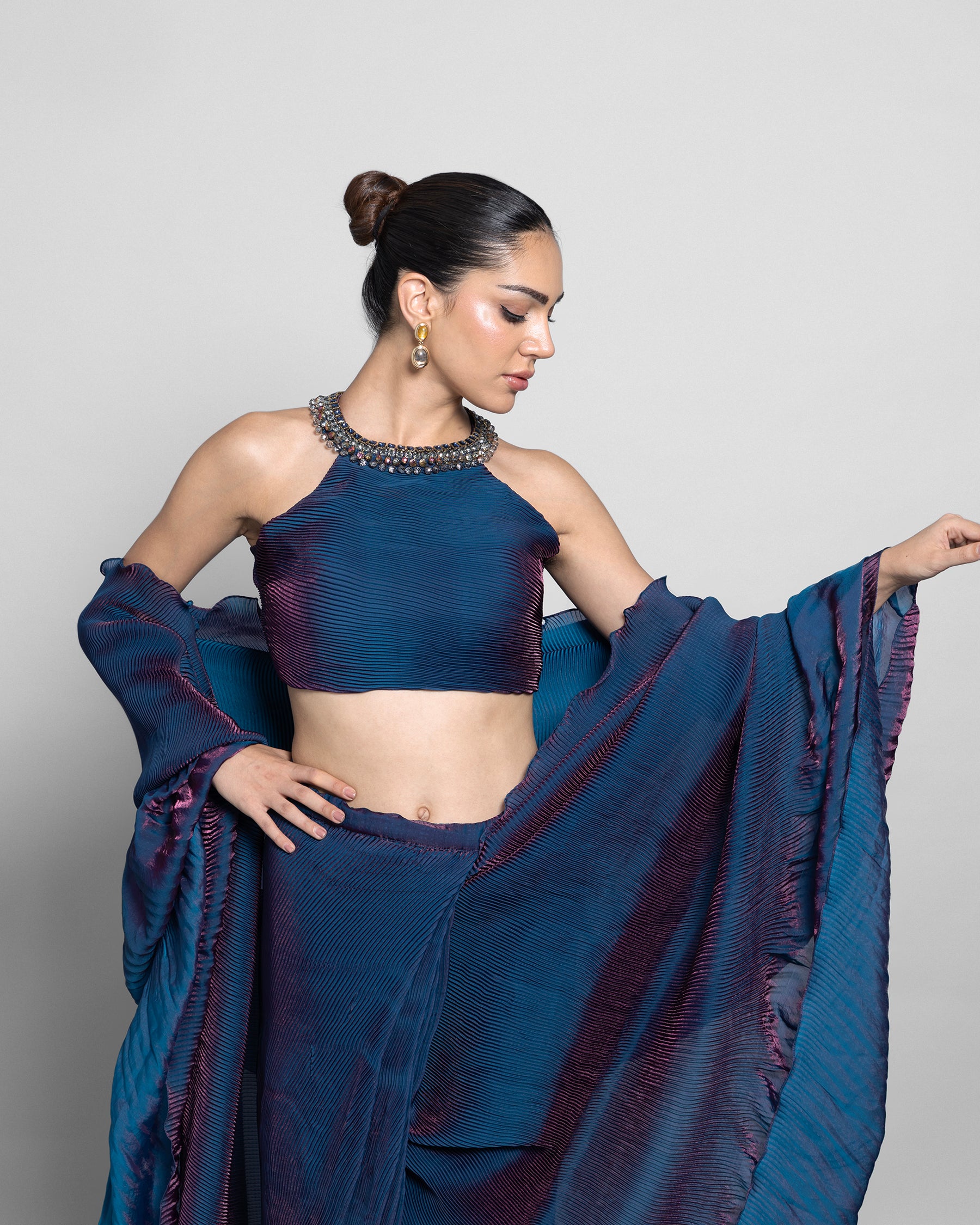 ROYAL BLUE CRUSHED TISSUE-ORGANZA PRE-DRAPED SAREE
