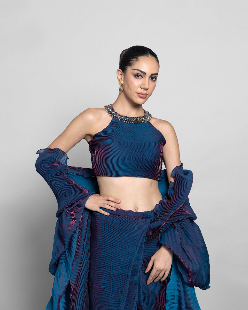 ROYAL BLUE CRUSHED TISSUE-ORGANZA PRE-DRAPED SAREE