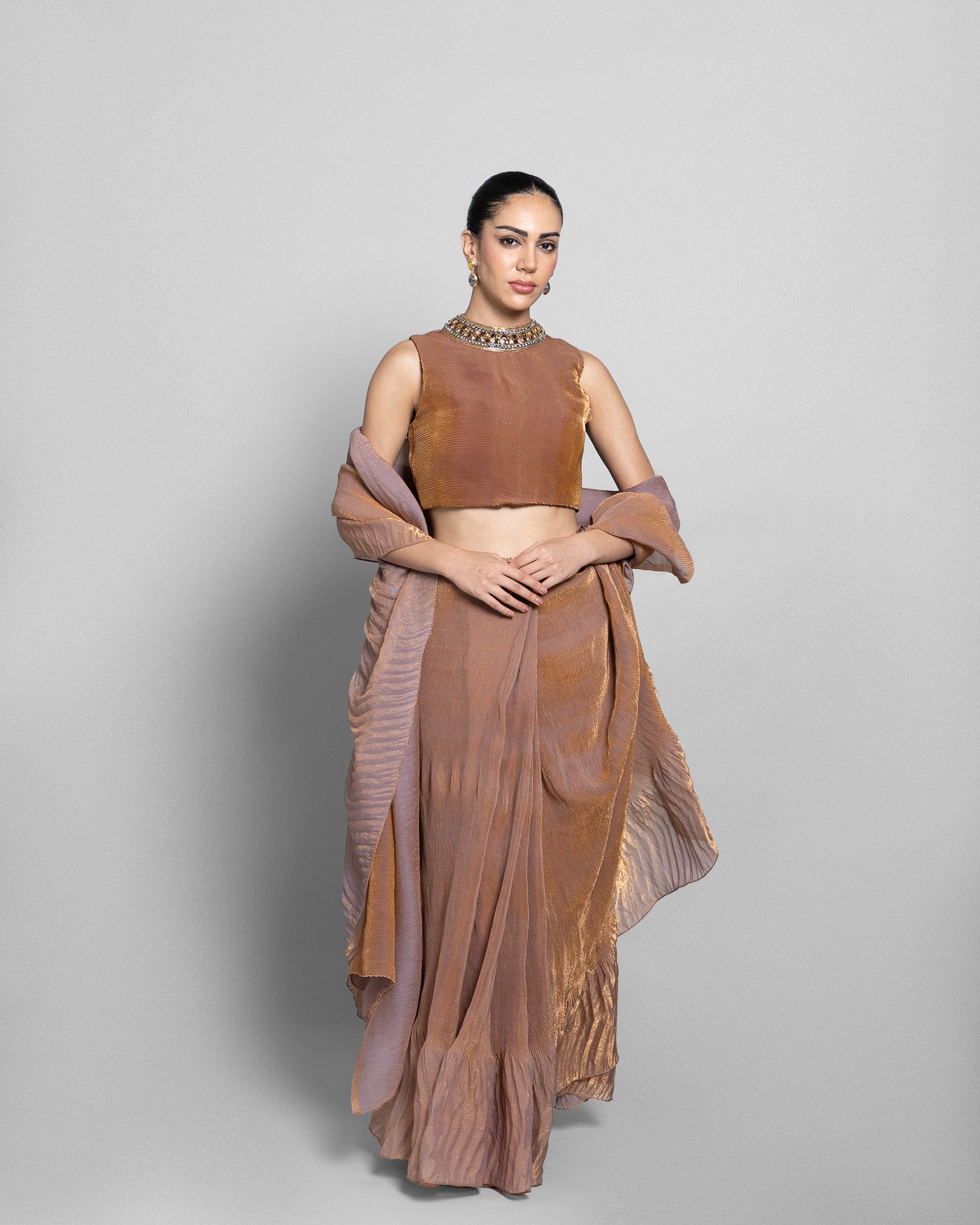 BRONZE CRUSHED TISSUE-ORGANZA PRE-DRAPED SAREE