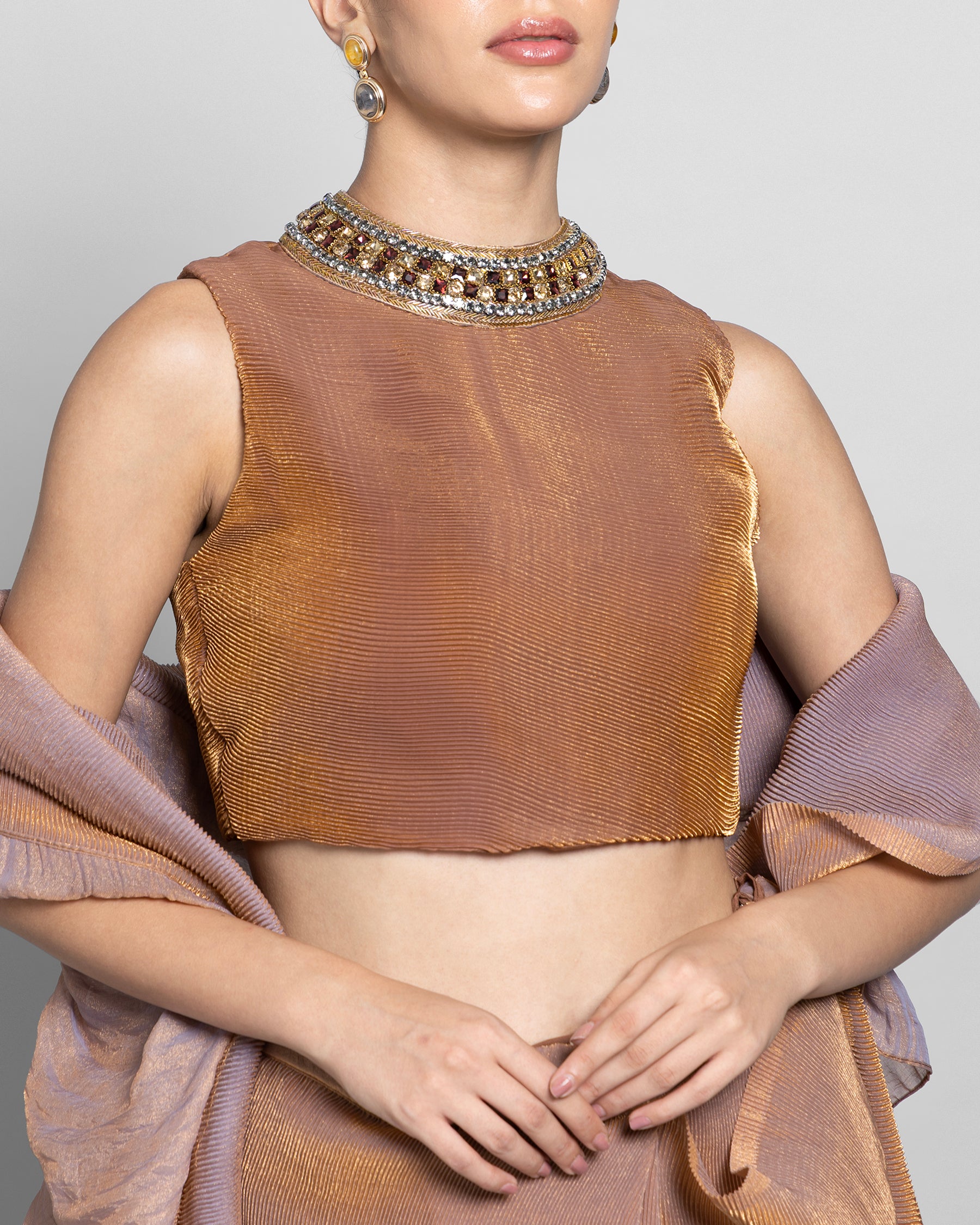 BRONZE CRUSHED TISSUE-ORGANZA PRE-DRAPED SAREE