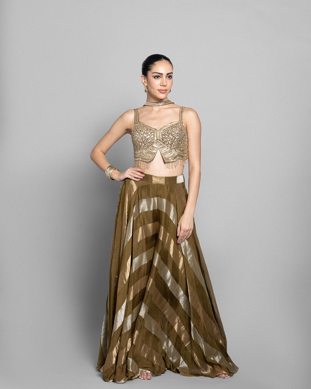 OLIVE GOLD STRIPED CROP-TOP & PALAZZO ENSEMBLE