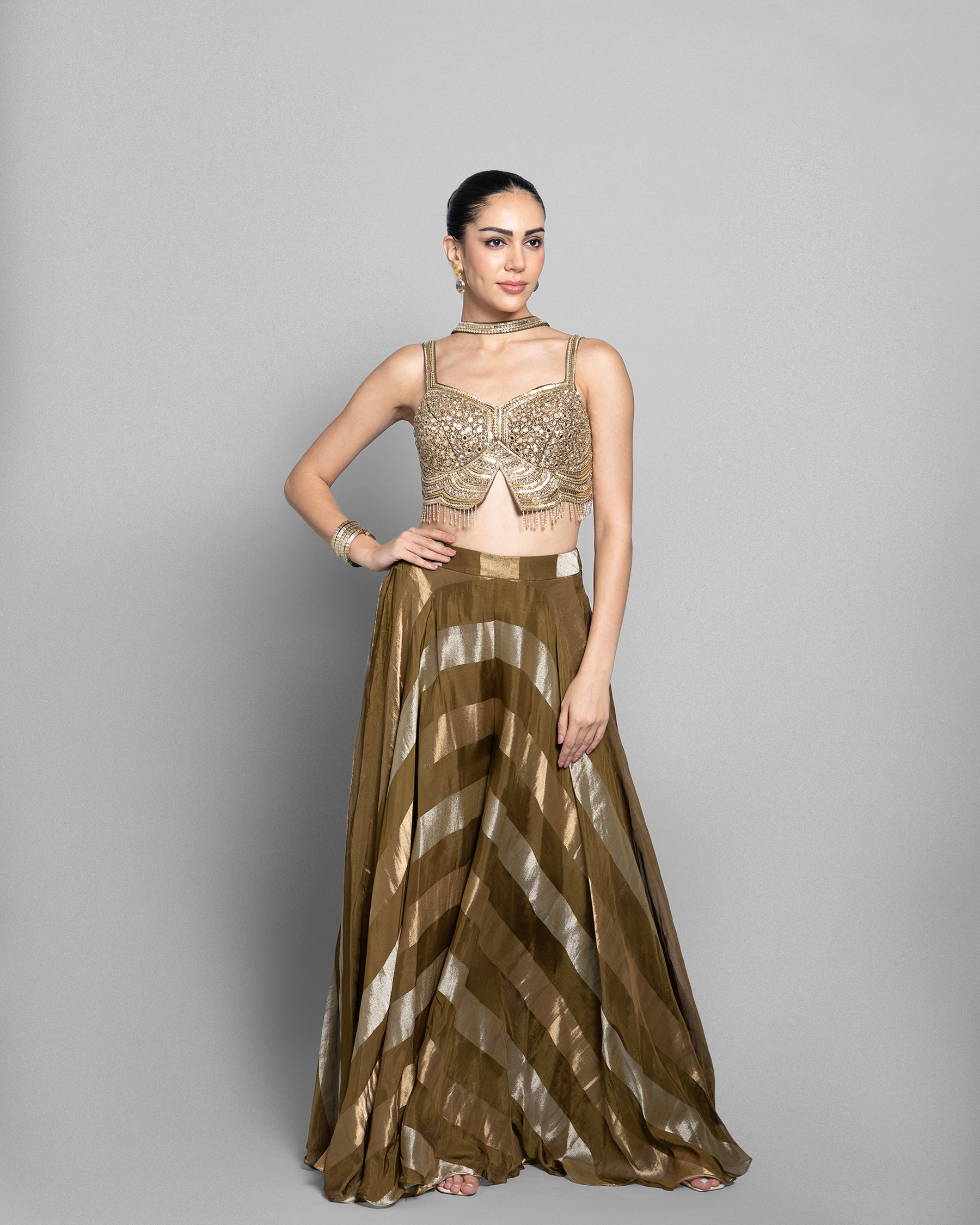 OLIVE GOLD STRIPED CROP-TOP & PALAZZO ENSEMBLE