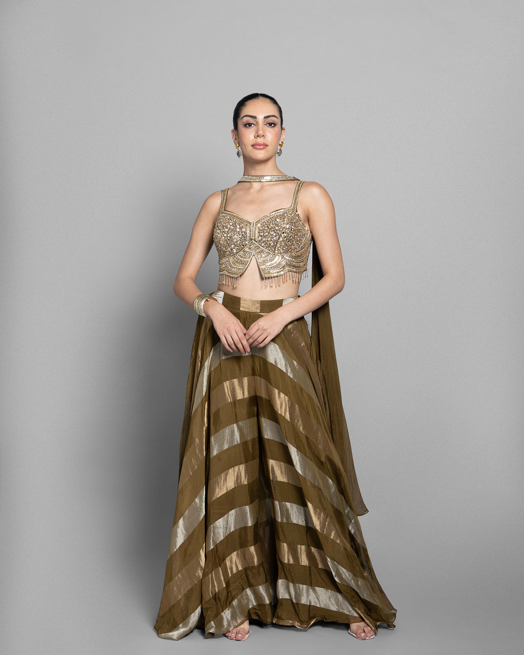 OLIVE GOLD STRIPED CROP-TOP & PALAZZO ENSEMBLE