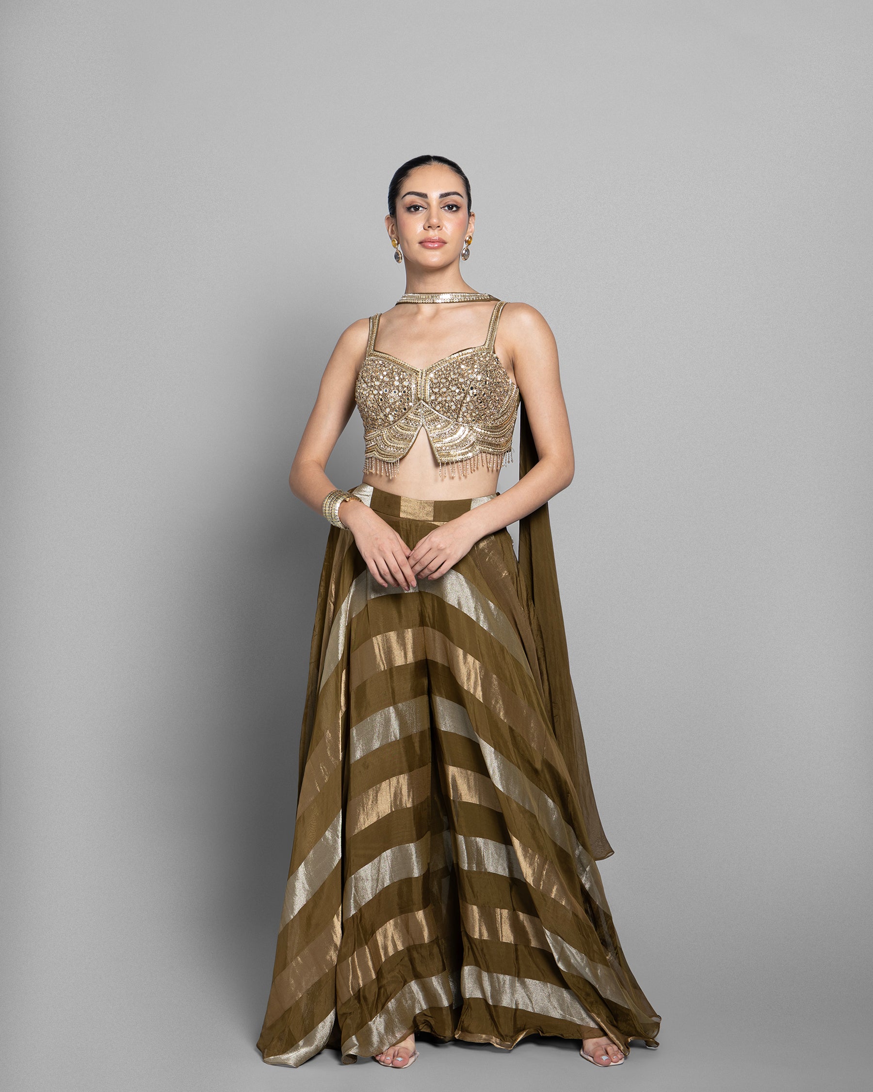 OLIVE GOLD STRIPED CROP-TOP & PALAZZO ENSEMBLE