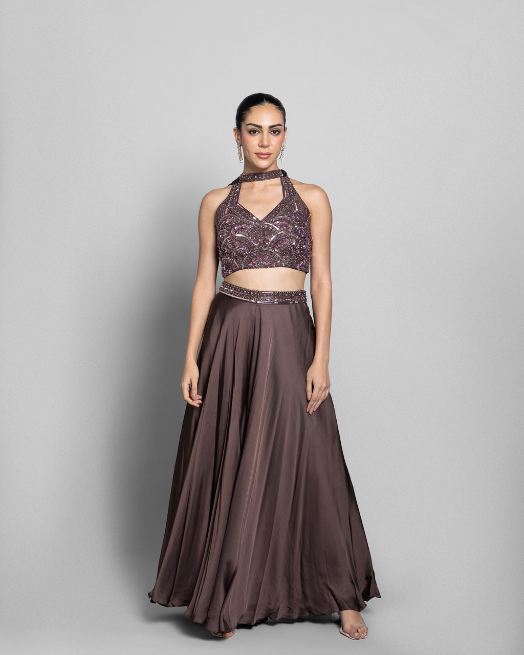 MOCHA EMBELLISHED CROP-TOP WITH PALAZZO