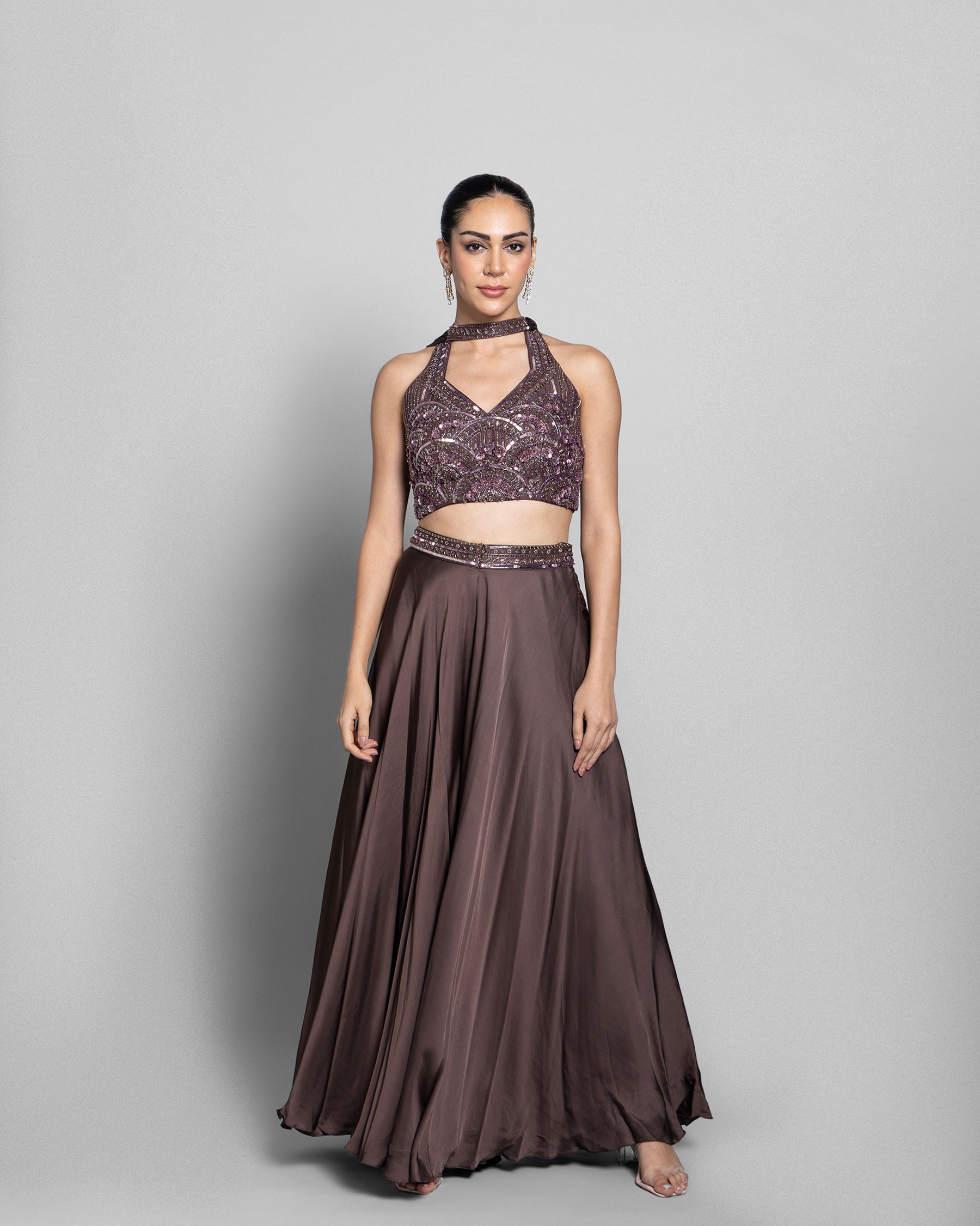 MOCHA EMBELLISHED CROP-TOP WITH PALAZZO