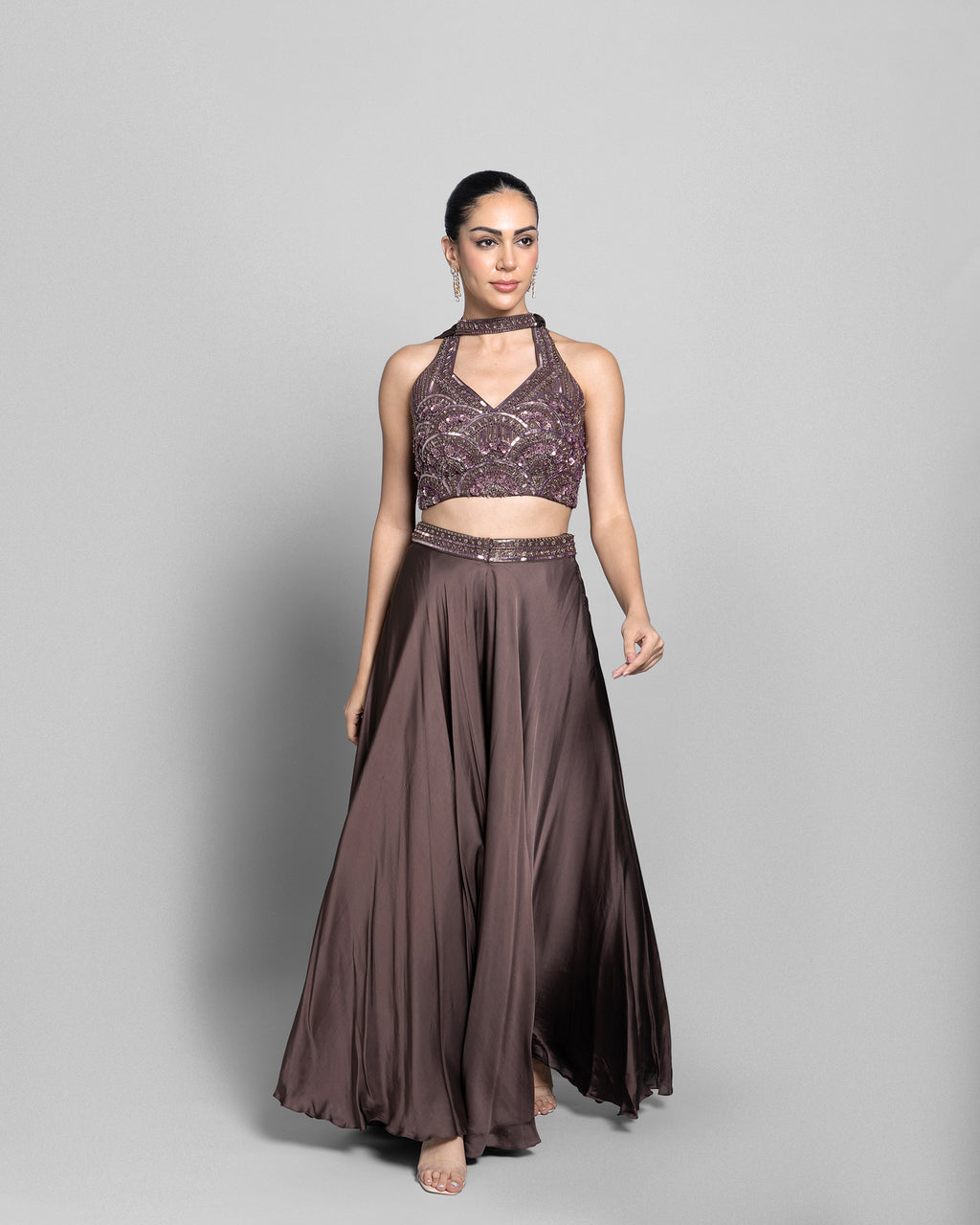 MOCHA EMBELLISHED CROP-TOP WITH PALAZZO